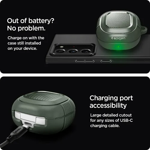 Vista 6 de Spigen Rugged Armor para Galaxy Buds Core, Buds FE, Buds 2 Pro y Buds Live TPU y PC de doble capa, protección contra caídas, mosquetón incluido