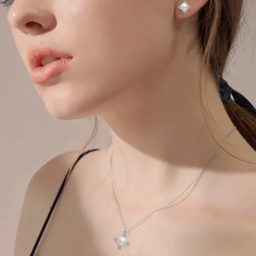 Vista 3 de EleQueen 925 Sterling Silver CZ AAA Button Cream Freshwater Cultured Pearl Bridal Pendant Necklace Earrings Jewelry Set for Women Wedding