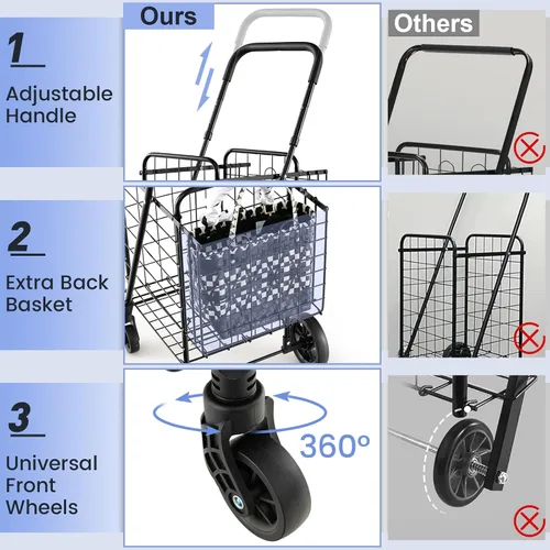 Vista 3 de Goplus Carrito Plegable de Compras de Utilidad, Cesta Doble y Ruedas Giratorias de 360°, Mango Ajustable, Carrito Pequeño Perfecto para Comestibles