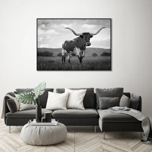 Vista 2 de Visual Art Decor Lienzo de animales extragrandes para pared, decoración de Texas, lienzo giclée de cuerno largo, pintura con marco flotante negro