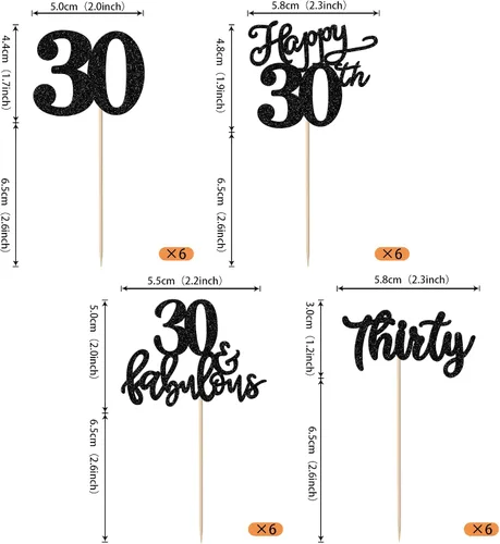 Vista 2 de Rsstarxi Paquete de 24 adornos con purpurina para cupcakes de 30 cumpleaños, treinta y 30 fabulosas selecciones de cupcakes, decoraciones para feliz