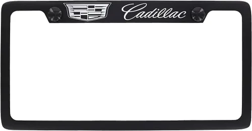 Vista 11 de Cadillac con escudo - Marco de placa de matrícula de metal - Negro recubierto en polvo con cromado expuesto Negro A
