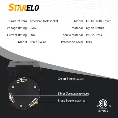 Vista 2 de Receptáculo de bloqueo de 30 amperios para generador NEMA L6-30R con cubierta, 250 voltios, 2 polos, 3 cables, resistente a la intemperie, al polvo
