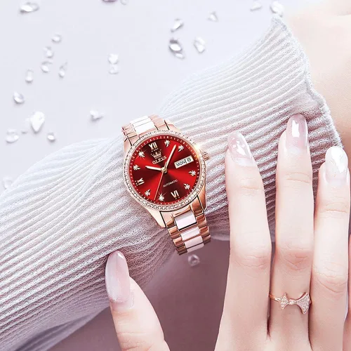 Vista 3 de OLEVS Relojes de oro rosa para mujer correa de acero inoxidable de cerámica reloj mecánico automático calendario de puntero luminoso impermeable