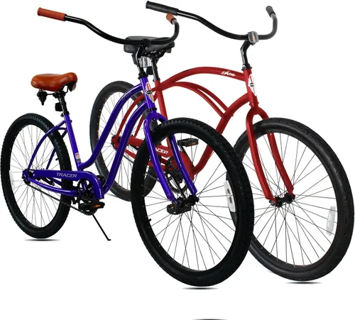 Vista 9 de Tracer Bicicleta de crucero de playa para adultos, ruedas de 26 pulgadas, freno de montaña de una sola velocidad, bicicleta doble para mujeres, M&F