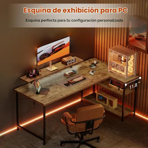 Vista 9 de Mericonia Escritorio para computadora en forma de L con tomas de corriente, escritorio para juegos reversible con estantes de almacenamiento y Marrón
