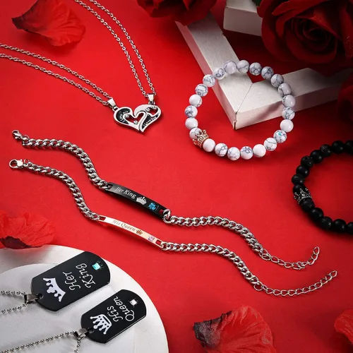 Vista 6 de Juego de 8 pulseras a juego para parejas y mujeres hombres Her King His Queen I Love You Corona collares para novios y novias para regalo de joyería