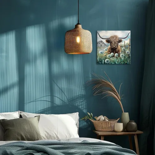 Vista 3 de YUEYARIT Decoración de pared de vaca de las tierras altas de granja en verde azulado y marrón: imagen rústica de vaca y diente de león, impresión