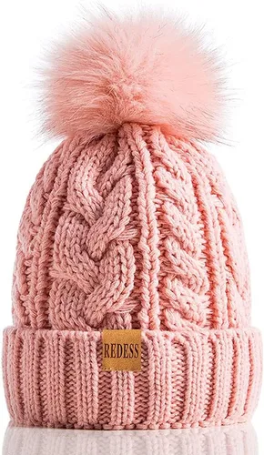 Vista 13 de Redess Gorro de invierno con pompón y forro polar cálido, grueso y holgado, tejido, para la nieve, para esquiar, para mujer Beige