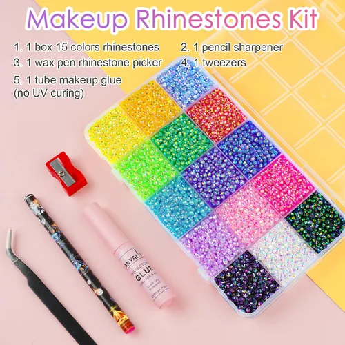 Vista 2 de Canvalite 18000 piezas de diamantes de imitación para la cara, gemas multicolores para ojos, cabello y uñas con pegamento de maquillaje de secado
