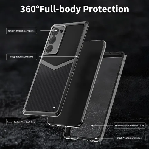 Vista 2 de Funda de fibra de carbono de lujo con funda de aluminio para Samsung Galaxy S22+ Plus, funda protectora militar a prueba de golpes con protector
