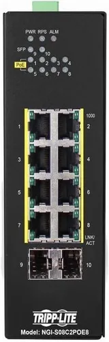 Vista 20 de Tripp Lite Conmutador Ethernet Gigabit PoE+ administrado industrial de 8 puertos de capa 2, puertos RJ45 de 10/100/1000 Mbps, montaje DIN