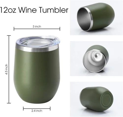 Vista 2 de HASLE OUTFITTERS Vaso de vino de 12 onzas con tapa, copas de vino sin tallo, tazas de viaje al vacío de doble pared, taza de café de acero Acero