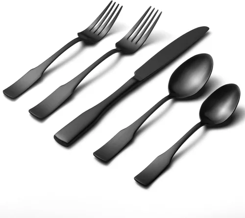 Vista 18 de Alata Kate Black Mirror - Cubiertos de 45 piezas con juego de utensilios para servir utensilios, servicio para 8, cubiertos de acero inoxidable