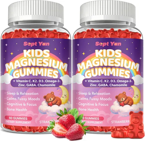 Vista 9 de Gomitas calmantes de magnesio para niños y adultos, complejo de magnesio con L-teanina, vitamina C, K2, D3, Omega-3, GABA, manzanilla, apoya