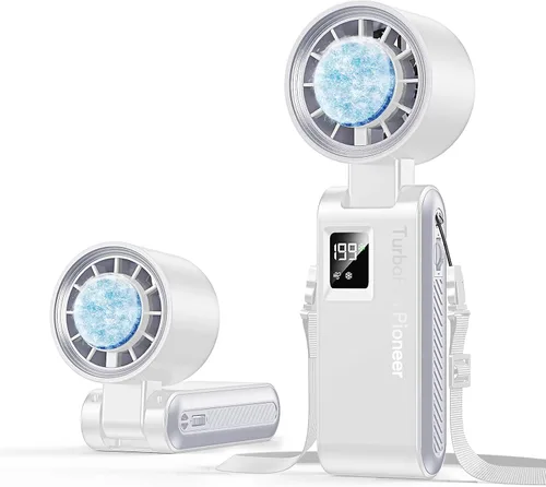 Vista 21 de Ventilador de mano portátil con refrigeración por hielo, ventilador turbo de alta velocidad de 24.6 ft/s, ventilador de cuello personal plegable 4