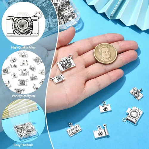Vista 3 de KitBeads 70 piezas de 7 estilos tibetanos para cámara tibetana, dijes de viaje de plata antigua, dijes de fotografía vintage para collares, pulseras