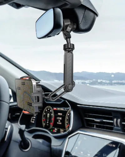 Vista 7 de IPOW Soporte de teléfono para espejo retrovisor para automóvil giratorio de 360° y retráctil, soporte de teléfono de automóvil con abrazadera