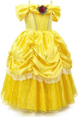 Vista 44 de FMYFWY Disfraz de princesa de Bella para niñas, disfraz de belleza y bestia, Halloween, Navidad, boda, cumpleaños (accesorios)