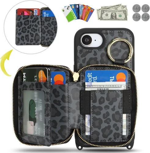 Vista 2 de Funda tipo cartera para iPhone 17e/16e, diseño de leopardo negro Funda de piel sintética con cremallera para bolso, funda con función atril