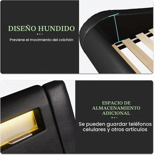 Vista 5 de SHA CERLIN - Marco de cama de tamaño matrimonial con cabecera LED tapizada moderna, color negro Low Profile Sleigh Design, Adjustable Headboard