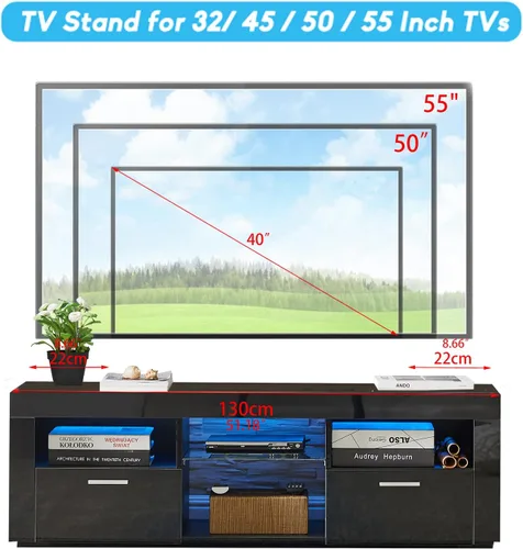 Vista 7 de Moderno soporte de TV negro para televisores de 45, 50, 55 pulgadas, soporte de TV de alto brillo con 16 luces LED, armario de almacenamiento de TV