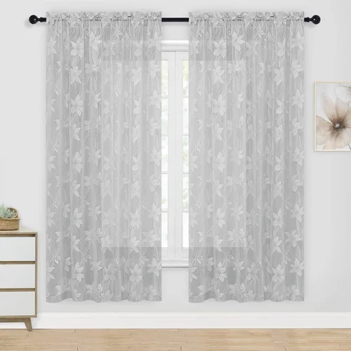 Vista 58 de DWCN Paquete de 2 cortinas traslúcidas pequeñas de encaje floral beige para cocina, cortinas traslúcidas ligeras con bolsillo para barra, cortinas