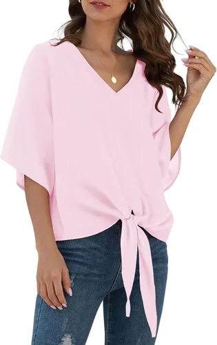 Vista 28 de VIISHOW Womens Tie Front Chiffon Blouses V Neck Batwing Short Sleeve Summer Tops Shirts Albaricoque