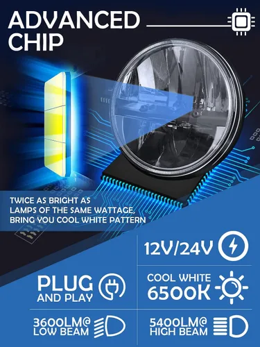 Vista 5 de ZIMABLUE Faros delanteros LED de 7 pulgadas, 2 unidades, luz blanca fría, luz alta y baja, faros delanteros redondos de 7 pulgadas, H6024, faro LED