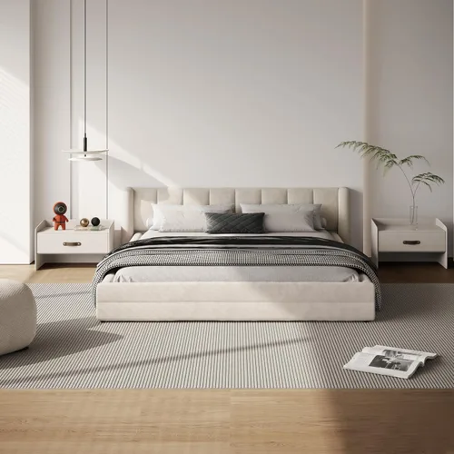Vista 6 de Marco de cama tamaño Queen con cabecero suave tipo nube, base de cama de madera con tapizado de chenilla, no necesita somier - Beige Marco de cama