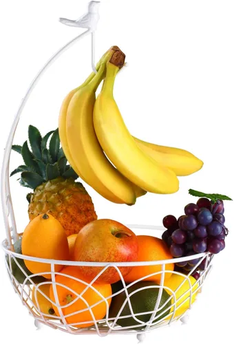 Vista 9 de Buruis Cesta de frutas de metal con soporte para plátano, diseño de pájaros Negro