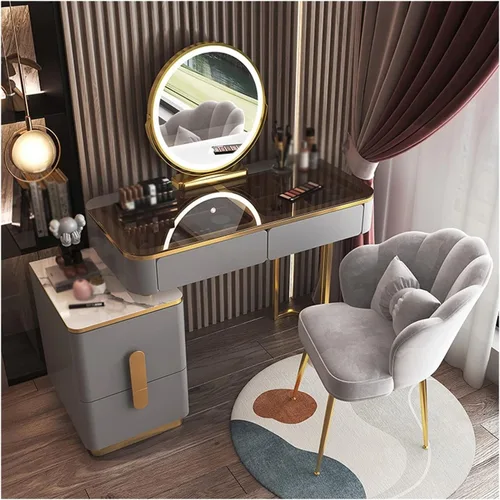 Vista 12 de Tocador de maquillaje, mesa de cristal, tocador, moderno, simple, avanzado, de madera, para dormitorio, almacenamiento, tocador, espejo inteligente