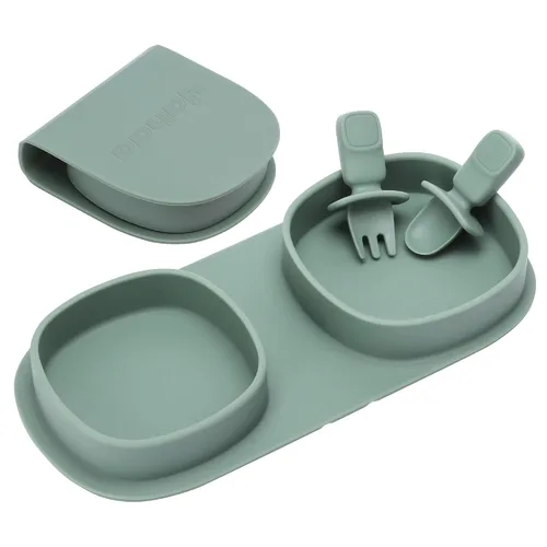 Vista 10 de Platos llanos plegables de silicona, platos para bebé, esenciales de viaje con tenedores y cucharas, aptos para microondas y lavavajillas, aguamarina