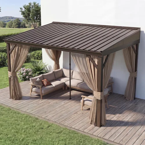 Vista 12 de Domi - Cenador adosado de 12' x 14' con marco de aluminio, cenador montado en la pared con techo rígido de acero galvanizado inclinado con cortinas
