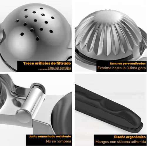 Vista 4 de Exprimidor de limón de acero inoxidable - Exprimidor de cítricos de metal - Exprimidor de limón y frutas con asas de silicona - Exprimidor manual