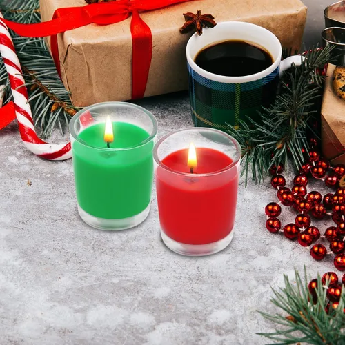 Vista 6 de Juego de 4 velas votivas verdes para Navidad y día de San Patricio, velas de cera de soja sin perfume rellenas de vidrio transparente