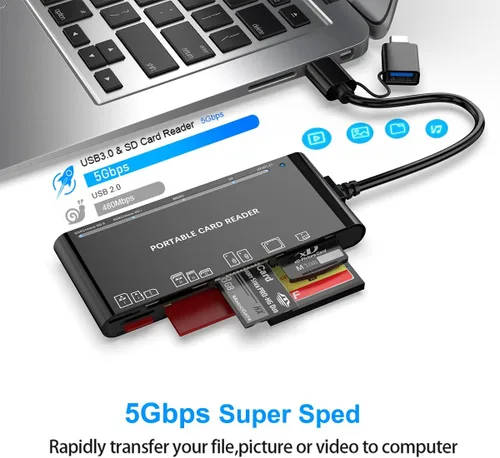 Vista 4 de Lector de tarjetas múltiples USB C USB3.0 para tarjetas SD, CF, Micro SD, XD, MS - Adaptador Hub 7 en 1 para Windows, Mac, Linux, Android