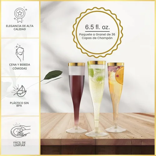Vista 4 de 36 copas de champán de plástico, vasos de plástico de 6.5 onzas, borde dorado y purpurina dorada, decoración de brunch, flautas de plástico