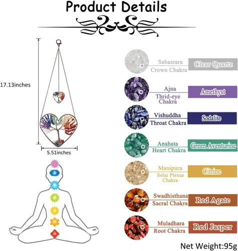 Vista 5 de PESOENTH Árbol de la vida de cristal de chakras para colgar en la pared, regalos para mujeres, bohemios 7 cristales curativos de chakras, piedras
