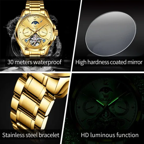 Vista 5 de OLEVS Watches Mens Automatic Self Winding Mechanical Gold Skeleton Fashion Luxury Dress Moon Phase Stainless Steel Tourbillon Mens Wrist Watch Day