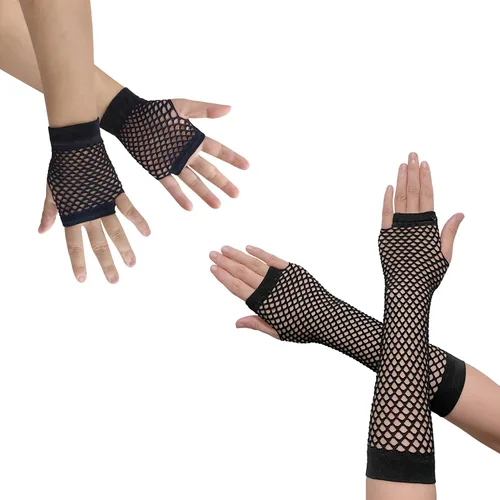 Vista 14 de Guantes de red para mujer, mangas largas de red de pesca para trajes Emo Punk 12 pares de guantes de red largos y cortos