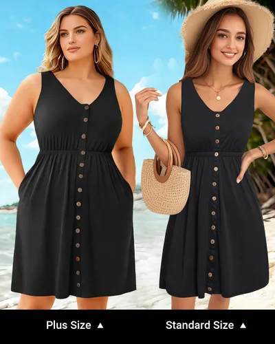 Vista 25 de Holipick Vestidos de verano para mujer, talla grande, casual, con bolsillos, acampanado, con botones, sin mangas, cuello en V