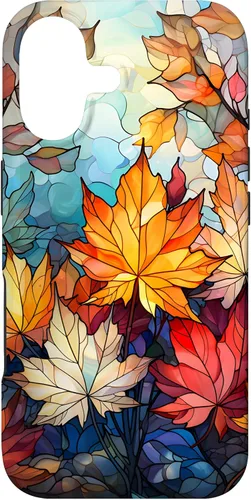Vista 32 de iPhone 15 Otoño hojas de arce vitrales estilo abstracto caso