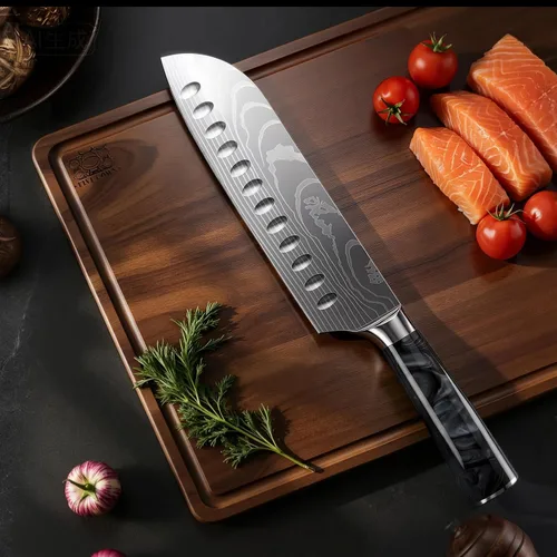 Vista 6 de Cuchillo Santoku de 7 pulgadas, diseño bonito, acero de alto carbono Negro