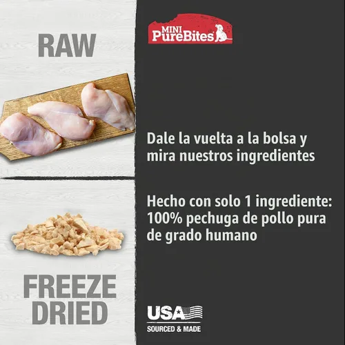 Vista 3 de PureBites Mini golosinas liofilizadas de pollo para perros, 1 ingrediente, fabricadas en Estados Unidos, 2.1 onzas 100% Chicken Breast, Freeze