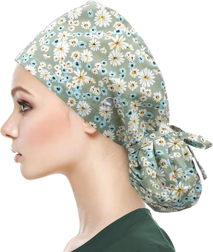 Vista 15 de QBA Gorra de trabajo ajustable con botón, gorro forrado de satén, gorro de trabajo de algodón, banda elástica para atar en la espalda, unisex