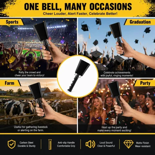Vista 7 de Campanas de vaca de acero de 8 pulgadas con asa, campana de mano animadora para eventos deportivos, fútbol, fiesta, granja, campanillas de mano