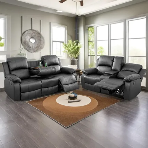 Vista 31 de Sofá reclinable manual de cuero para muebles de sala de estar, sofá reclinable de 78 pulgadas con mesa abatible, portavasos y sofá de cuero