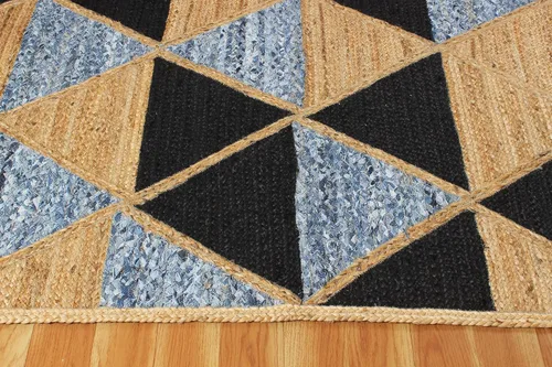 Vista 8 de Chindi - Alfombra cuadrada de yute de algodón de 3 pies, diseño beige y multicolor, patrón geométrico trenzado a mano de yute para interiores