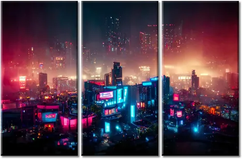 Vista 72 de Arte de pared de 3 piezas de escena de ciencia ficción de la calle comercial futurista paisaje urbano, decoración de pared para dormitorio